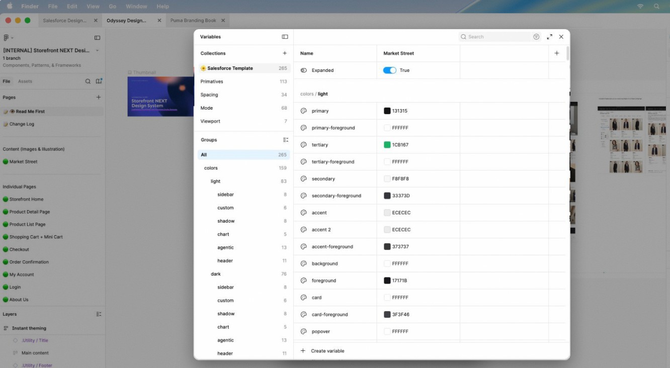 Figma Variables panel showing Storefront NEXT design tokens